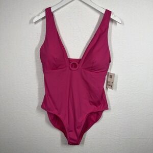 Alex Marie Signature Sculpt Solid Deep V Neck Ring One Piece Swimsuit L Pink NWT